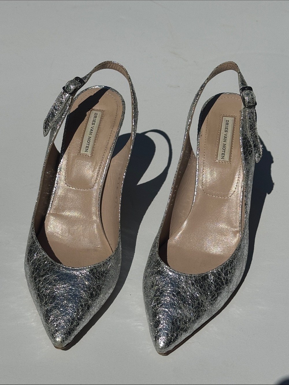 Dries Van Noten Metallic Silver Sling Backs. Size 37.5 or 7.5